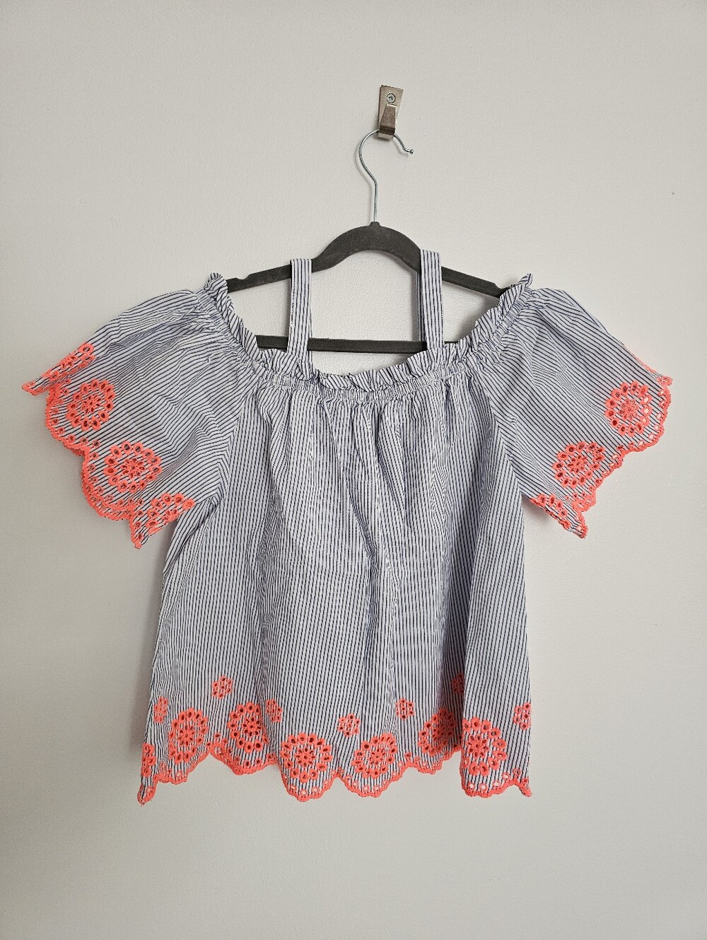 🧸2/20$ Zara 11-12T Girl Blue Neon Coral Striped Off-Shoulder Top Blouse Summer